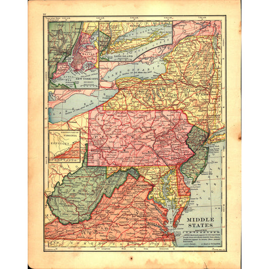 Map USA Middle States NY PA VA NJ 1901 Original Engraving V1-1