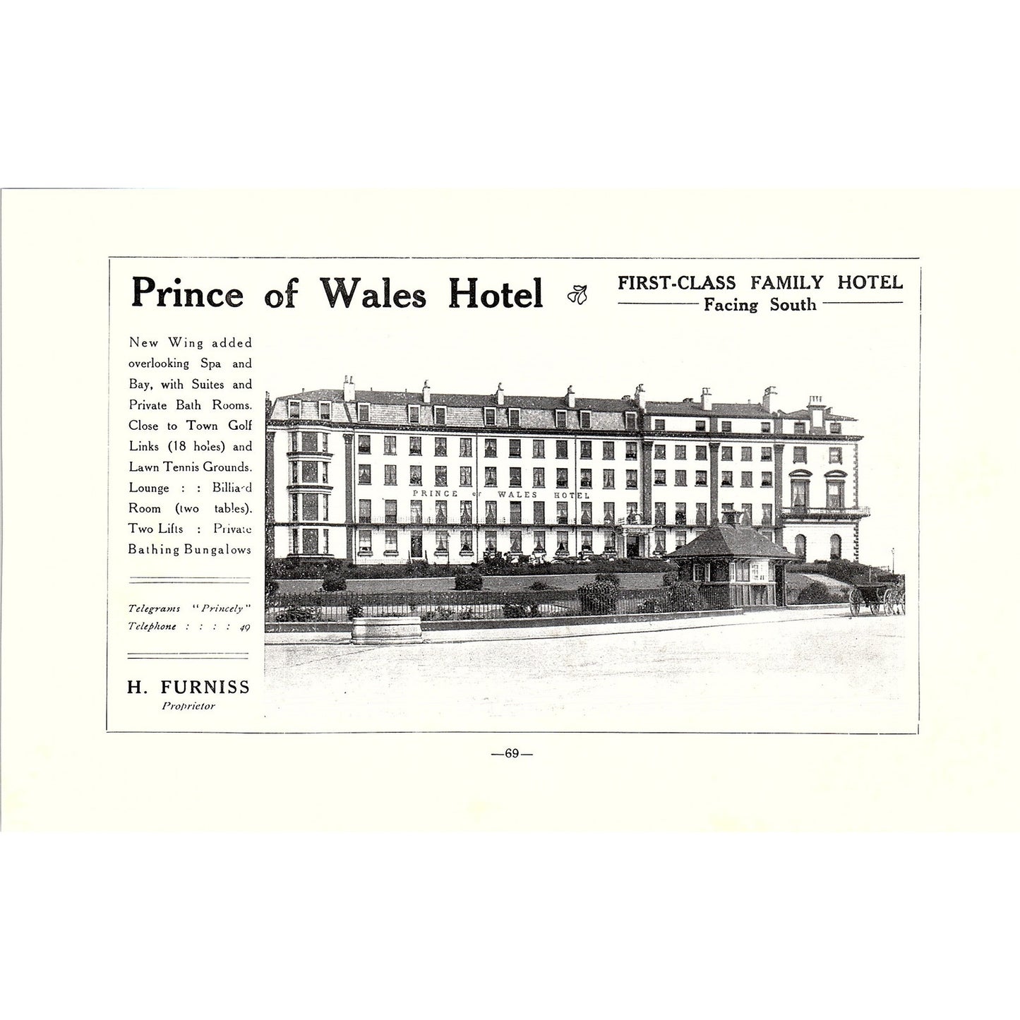 Prince of Wales Hotel H. Furniss, Pavilion Hotel Scarborough c1910 Ad AF3-9