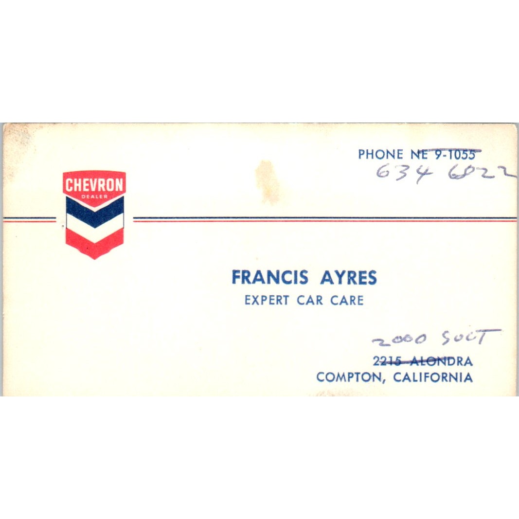 Francis Ayres Chevron Dealer Compton CA Vintage Business Card SD8-B21