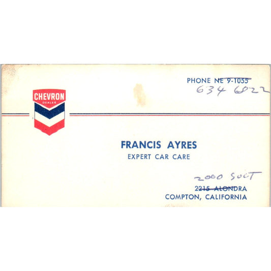 Francis Ayres Chevron Dealer Compton CA Vintage Business Card SD8-B21