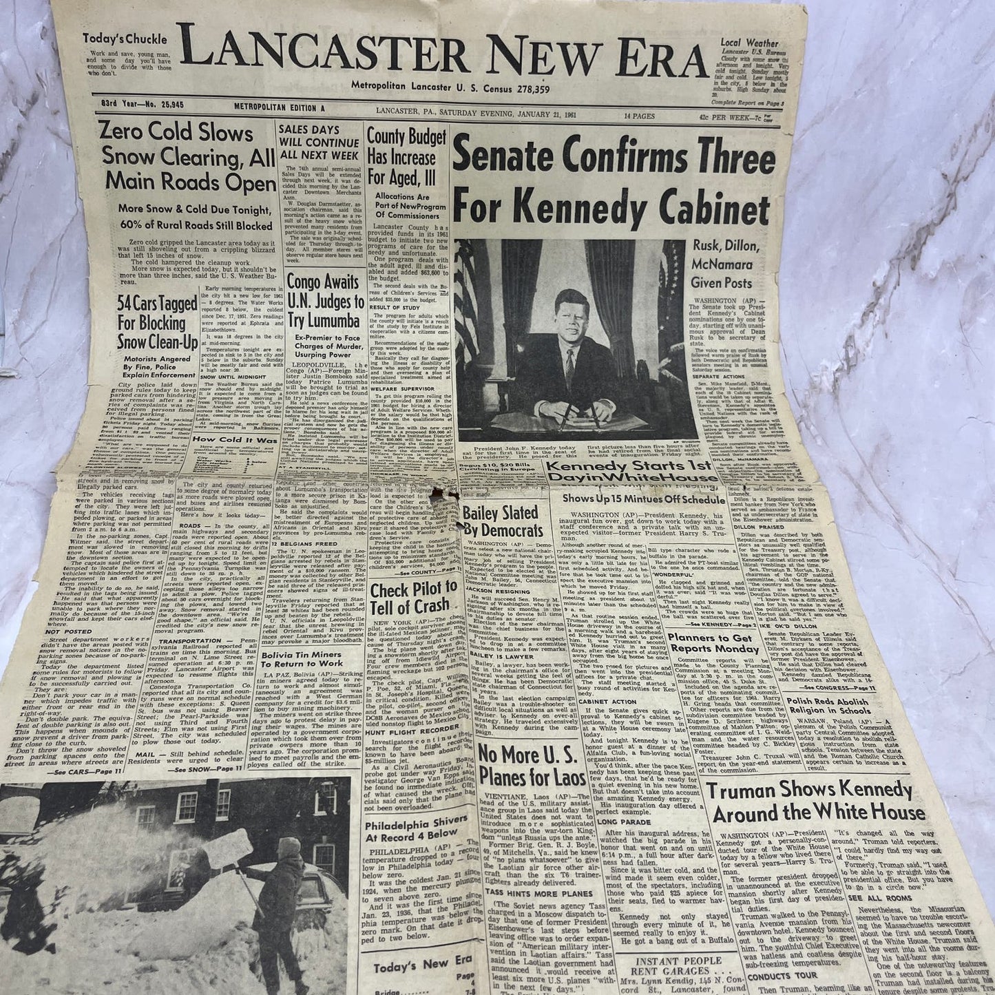 Lancaster News Era Jan 21, 1961 JFK Kennedy First Day in Office Newspaper FL6-7