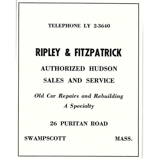 Ripley & Fitzpatrick Hudson Sales & Service Swampscott MA 1950 Ad AF6-M8