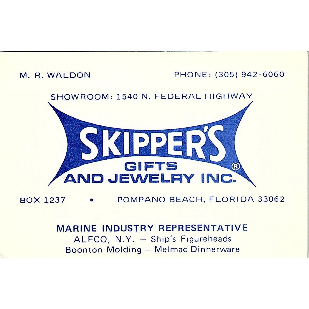 Skipper's Gifts & Jewelry Inc M.R. Waldon Pompano Beach FL Business Card TH2-B1