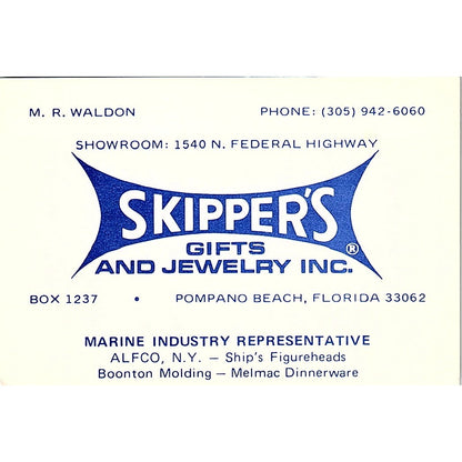 Skipper's Gifts & Jewelry Inc M.R. Waldon Pompano Beach FL Business Card TH2-B1