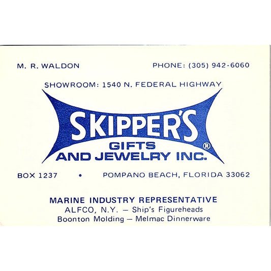 Skipper's Gifts & Jewelry Inc M.R. Waldon Pompano Beach FL Business Card TH2-B1