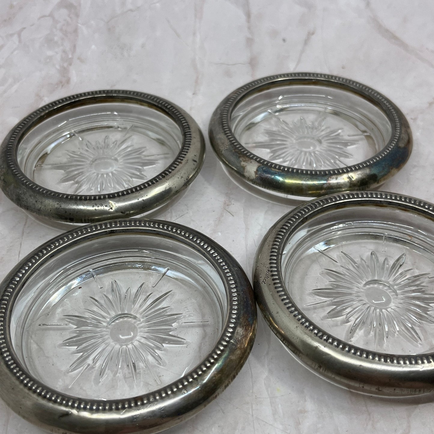 Vintage Leonard Silver Plate Crystal Coasters Set of 4 Starburst Italy TF4