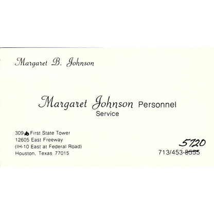 Margaret Johnson Personnel Margaret B. Johnson Houston TX Business Card SF3-B7