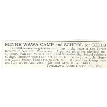 Minne Wawa Camp for Girls Tomahawk Oneida WI c1918 Advertisement AE5-SA10