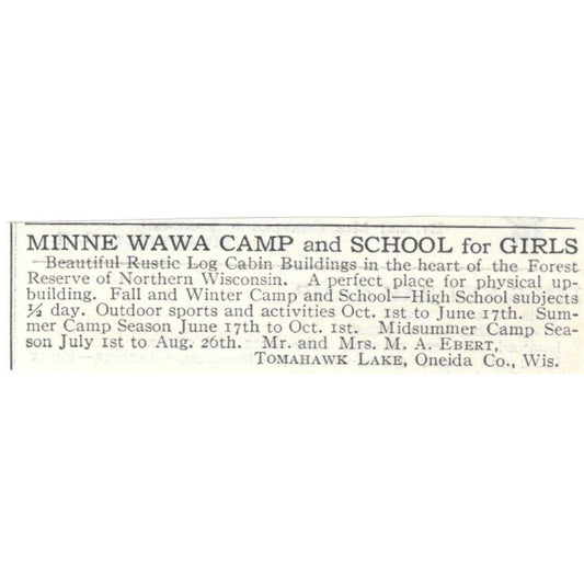 Minne Wawa Camp for Girls Tomahawk Oneida WI c1918 Advertisement AE5-SA10