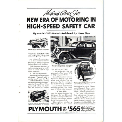 1935 Plymouth Automobile 7x10 Vintage Magazine Advertisement D9