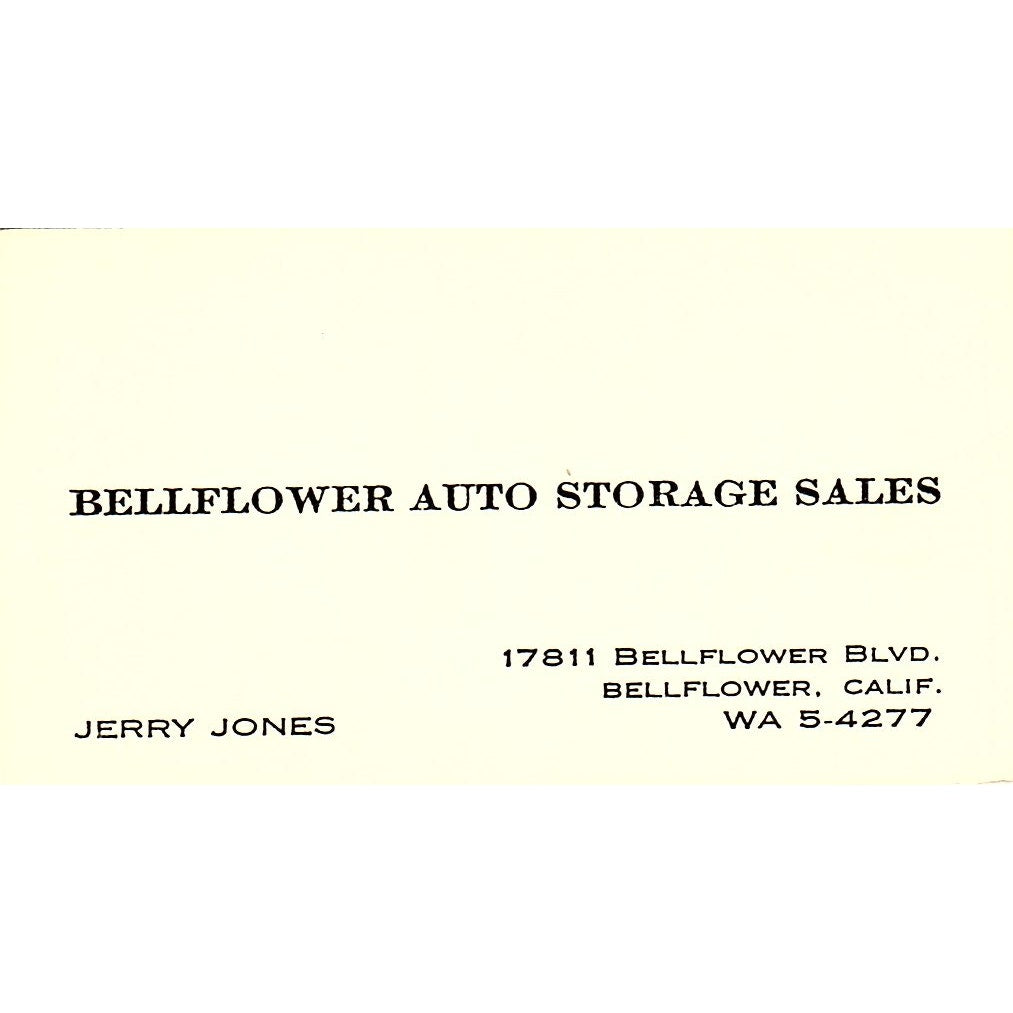 Jerry Jones Bellflower Auto Storage Sales CA Vintage Business Card SD9-B9
