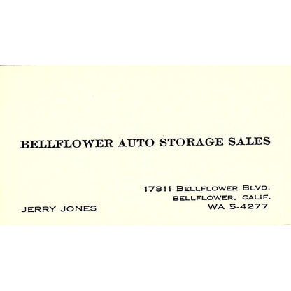Jerry Jones Bellflower Auto Storage Sales CA Vintage Business Card SD9-B9