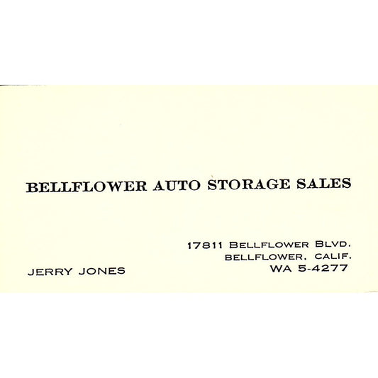 Jerry Jones Bellflower Auto Storage Sales CA Vintage Business Card SD9-B9