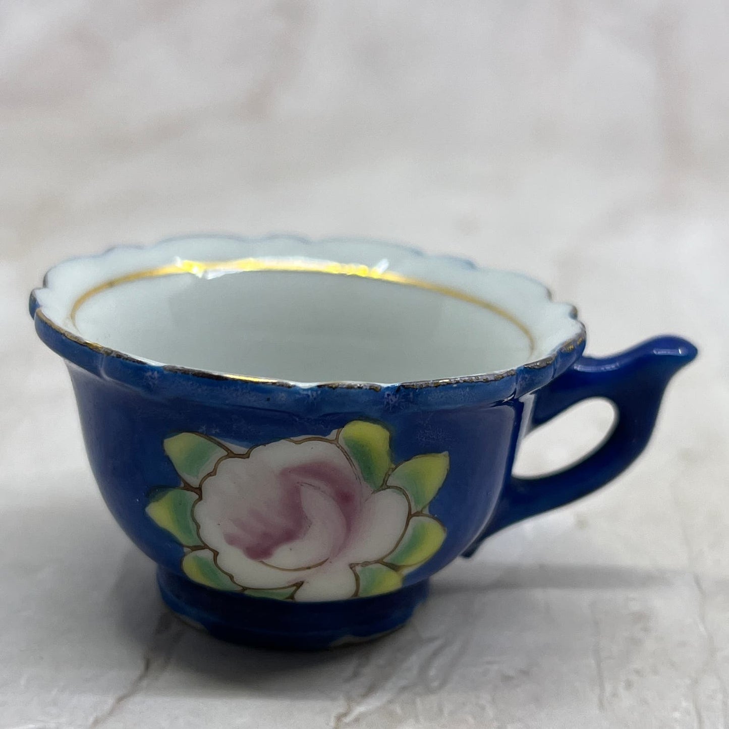 Vintage Miniature Porcelain Tea Cup Blue and Pink Floral Gold Trim Japan SB8