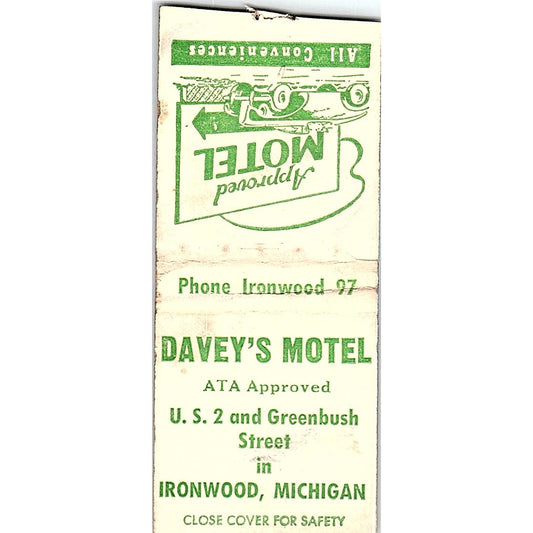 Davey's Motel Ironwood MI Vintage Matchbook Cover SF3-Y6