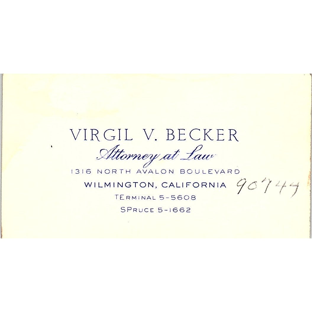 Virgil V Becker Attorney Wilmington CA Vintage Business Card SE3-B12