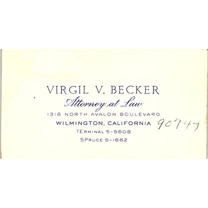 Virgil V Becker Attorney Wilmington CA Vintage Business Card SE3-B12