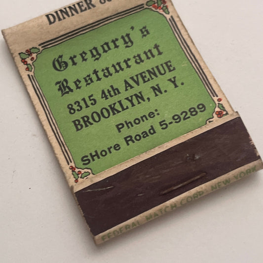 Gregory's Restaurant Brooklyn NY Christmas Vintage Matchbook Cover TB8-MB2-6