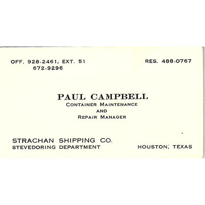 Paul Campbell Strachan Shipping Co Houston Vintage Business Card SC9-B4
