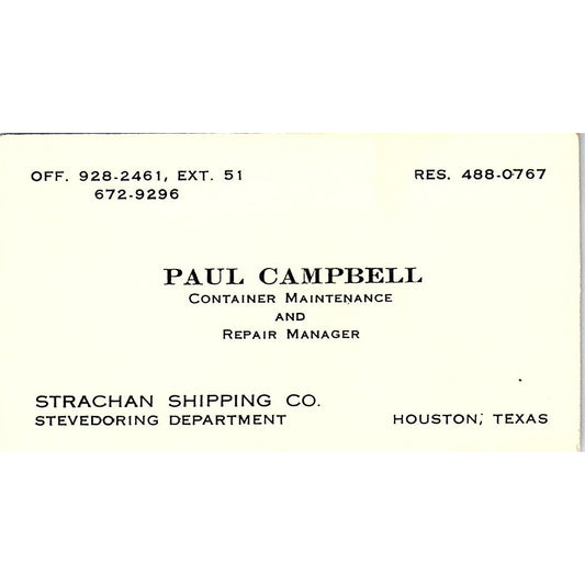 Paul Campbell Strachan Shipping Co Houston Vintage Business Card SC9-B4