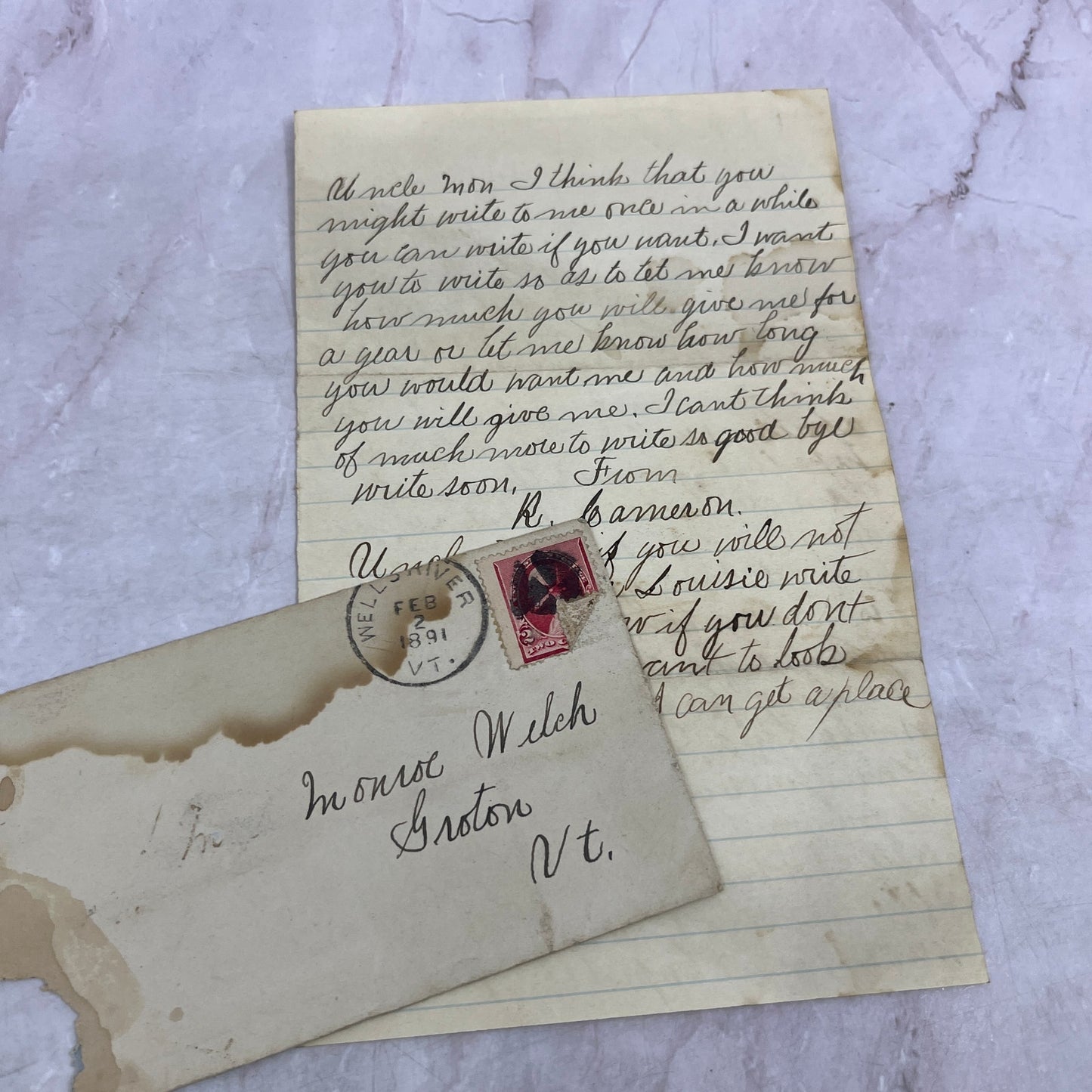 1891 Handwritten Letter Wells River to J. Monroe Welch Groton VT TH2-Y1