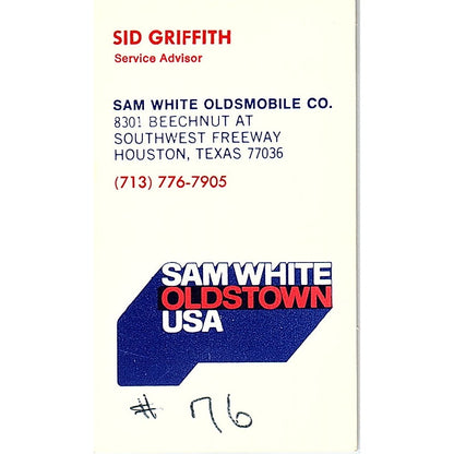 Sam White Oldsmobile Sid Griffith Houston Vintage Business Card SD9-B6