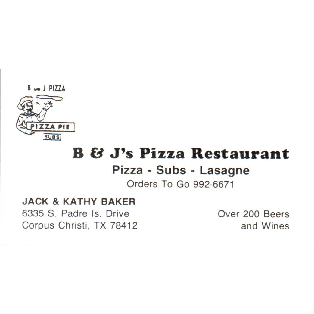 B&J's Pizza Restaurant Jack & Kathy Baker Corpus Christi Business Card SD8-B19