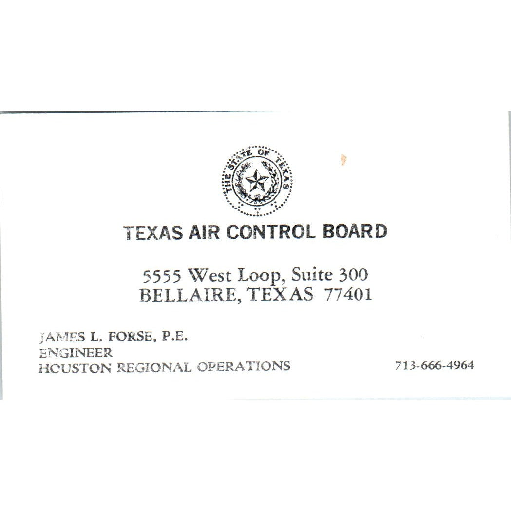 James L. Forse P.E. Texas Air Control Board Bellaire TX Vtg Business Card SD4-B1