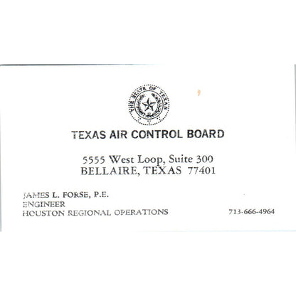 James L. Forse P.E. Texas Air Control Board Bellaire TX Vtg Business Card SD4-B1