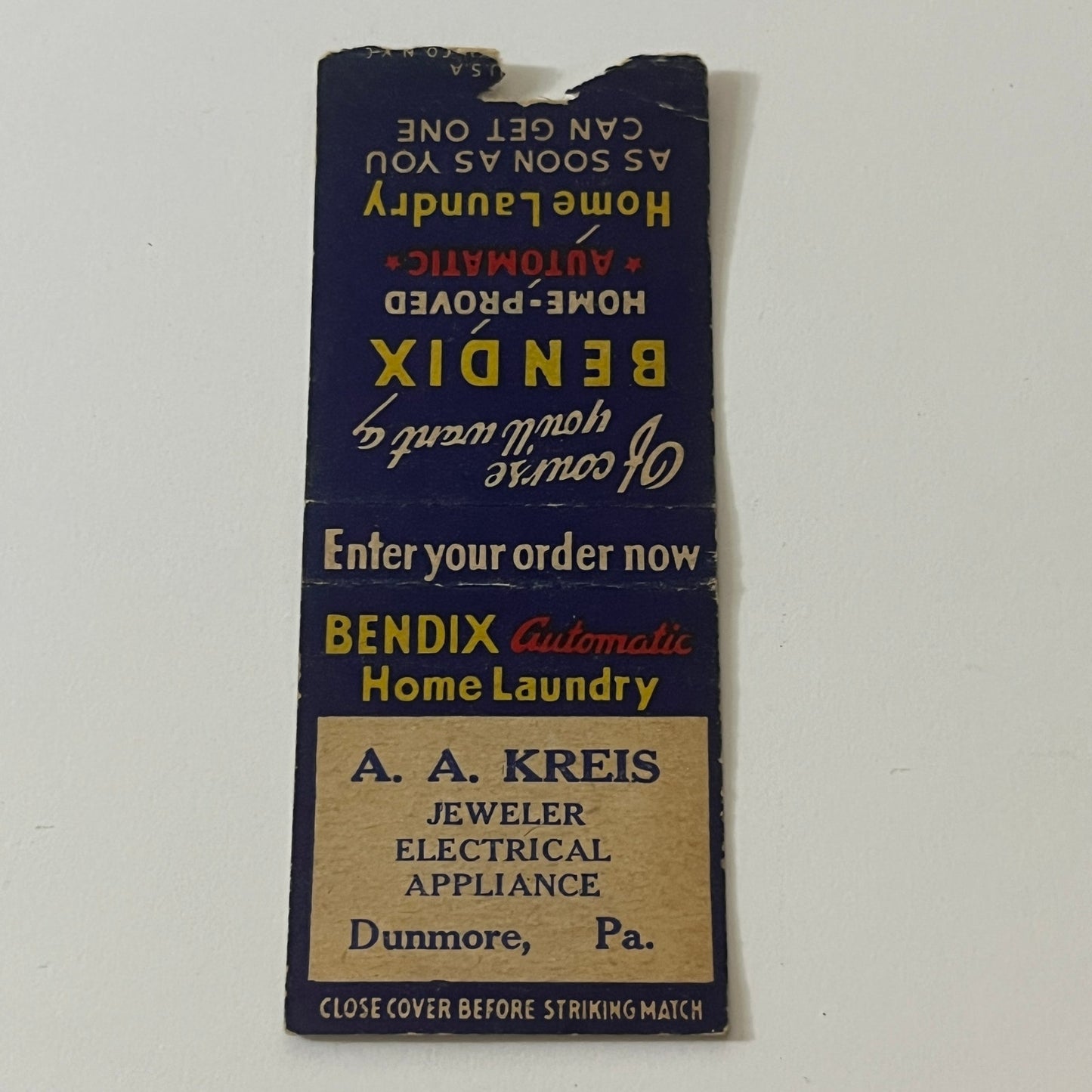 A.A. Kreis Jeweler Dunmore PA Vintage Matchbook TB6-MB2-11