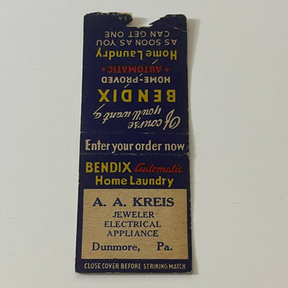 A.A. Kreis Jeweler Dunmore PA Vintage Matchbook TB6-MB2-11