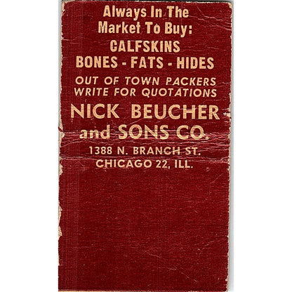 Nick Beucher & Sons Co Hides Calf Skins Chicago Vintage Matchbook Cover SF3-Y4