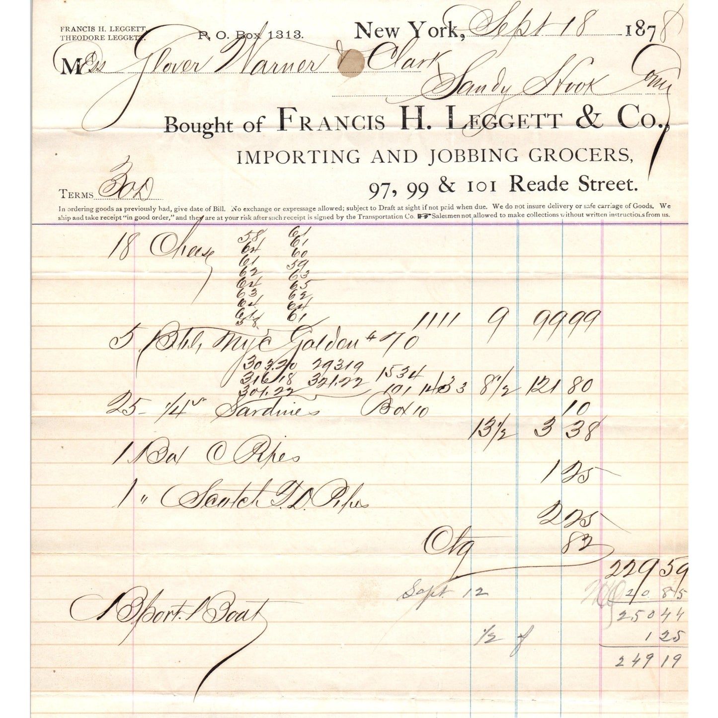 1878 Francis H. Leggett & Co Grocers New York Receipt Letterhead D24