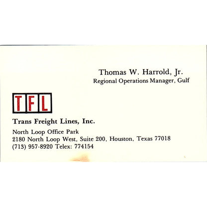 Trans Freight Lines Thomas W Harrold Jr Houston TX Vintage Business Card SB4-B6