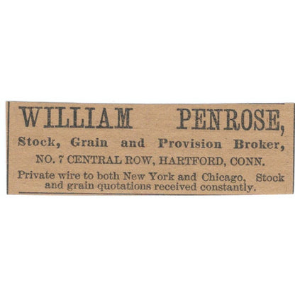 William Penrose Stock, Grain Broker Central Row Hartford 1886 Ad AF7-SS7