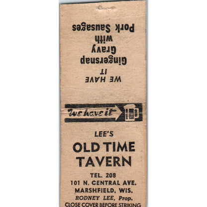 Rodney Lee's Old Time Tavern Marshfield WI Vintage Matchbook Cover SD2-Y15
