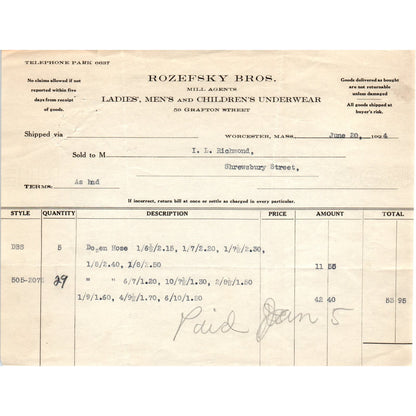 Rozefsky Bros Mill Agents Worcester 1924 Original Billhead Letterhead Receipt D8