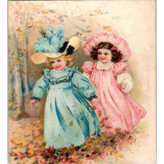 2 Little Girls in Pink and Blue Dresses & Hats 3" c1880 Victorian Trade Card AE7