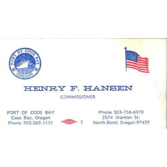 Henry F. Hansen Commissioner Port of Coos Bay OR Vintage Business Card SD4-B2