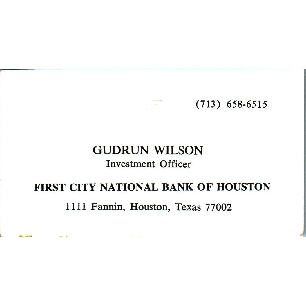 Gudrun Wilson First City National Bank Houston Vintage Business Card SE3-B9