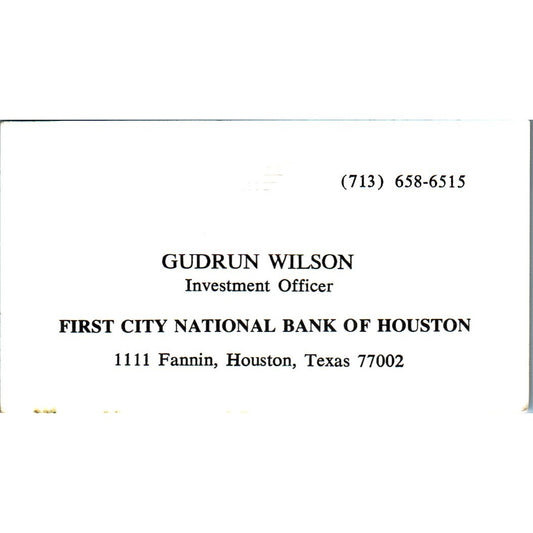 Gudrun Wilson First City National Bank Houston Vintage Business Card SE3-B9