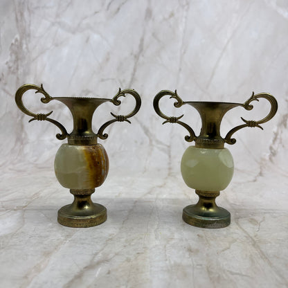 Vintage Onyx Marble and Brass Vases Set of 2 Precious Stone 3.5" TI8