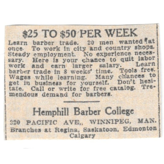 Hemphill Barber College Pacific Ave Winnipeg 1920 Ad AG2-S7