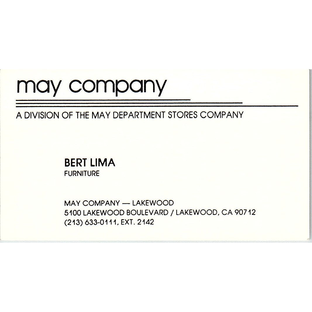 May Company May Dept Stores Bert Lima Lakewood CA Vintage Business Card SB4-B8