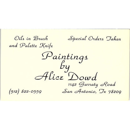 Paintings by Alice Dowd San Antonio TX Vintage Business Card SE3-B11