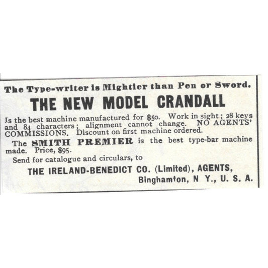 The Ireland-Benedict Co New Model Crandall Typewriter Binghamton 1892 Ad AG2-S22