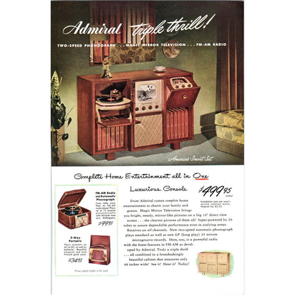 Admiral Walnut Triple Thrill Cabinet Television TV Teleset - Magazine Ad D20