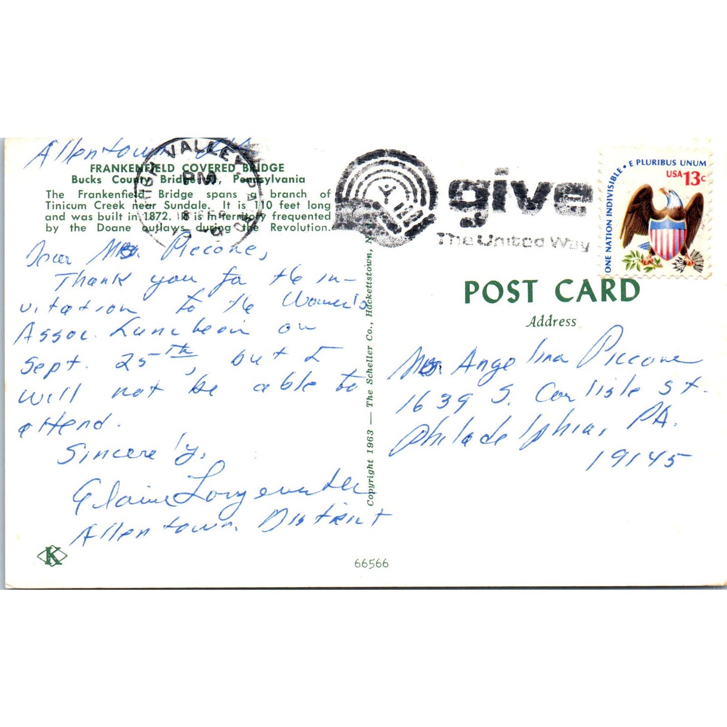 Frankenfield Bridge Bucks County PA Vintage Covered Bridge Postcard PC17