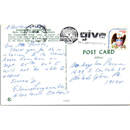 Frankenfield Bridge Bucks County PA Vintage Covered Bridge Postcard PC17