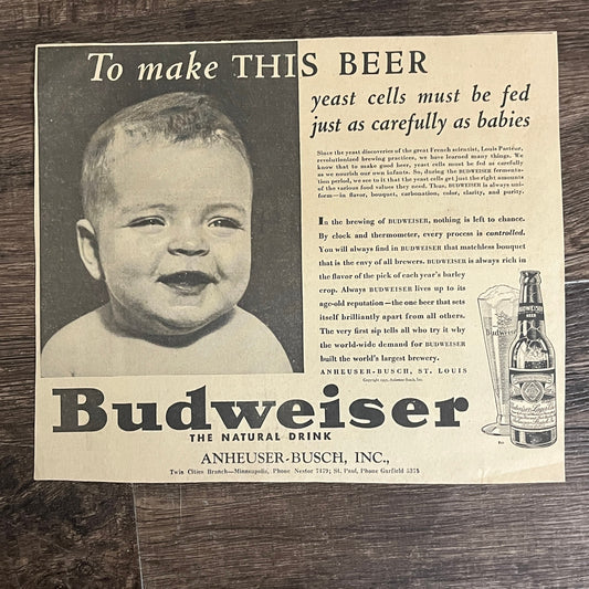 Budweiser Yeast Cells Must Be Fed As Carefully as Babies 1935 Newspaper Ad V1-9